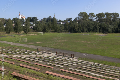 View of the empty stadium in the town of Totma, Vologda Region, Russia