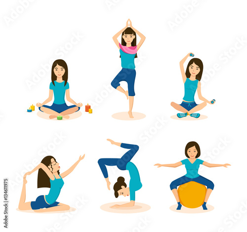 Girls do yoga, meditation and fitness in different positions.