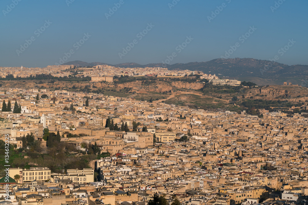 Aerial view over the medina in Fes, Morocco.
