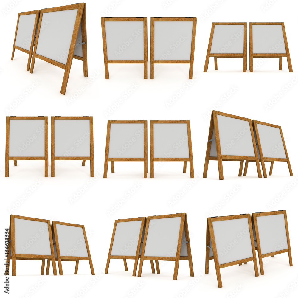 Sandwich board set. Blank menu outdoor display with clipping path. Trade show booth. 3d render isolated on white background. High Resolution Template for your design. Sandwich board set. Blank menu outdoor display with clipping path. Trade show booth. 3d render isolated on white background. High Resolution Template for your design.