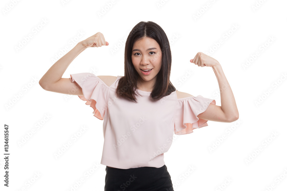 Beautiful young Asian woman flex bicep. Beautiful young Asian woman flex bicep.