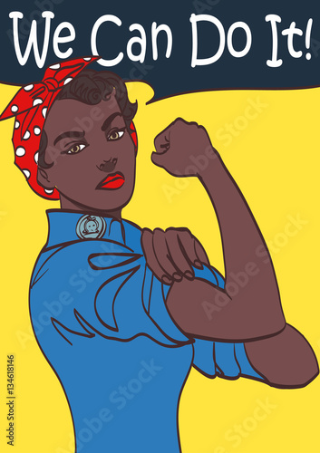 We Can Do It. World War 2 poster boosting morale of American women contributing to the effort. Afro woman art , eps 10