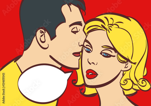 Romantic couple,male whispers in womans ear. Valentines day. Vector eps10