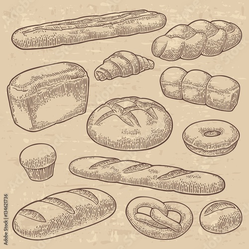 Set bread. Vector black vintage engraving