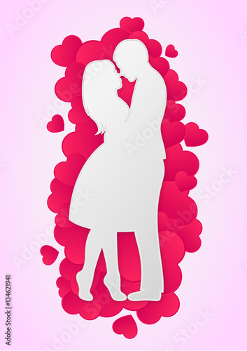 Lovers silhouette with hearts for Valentine's Day