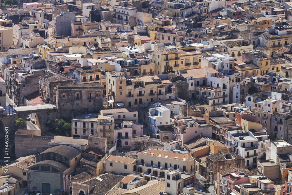 Aerial view of historic part of Sicilian seaside town of Castellammare del Golfo