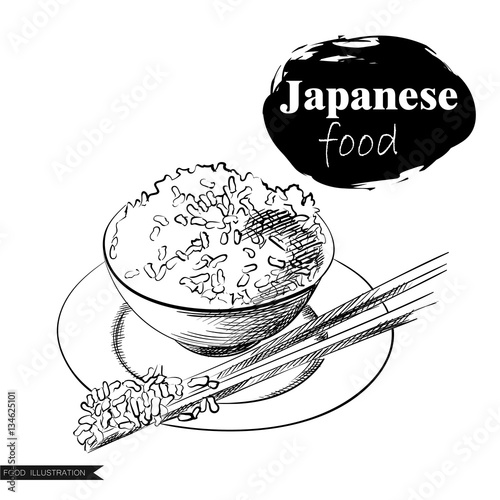 Hand drawn Japanese ricei with chopsticks isolated on white background. Japanese food elements sketch vector illustration. Retro style