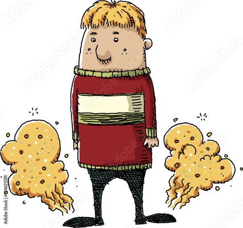 Cartoon clouds of stinky gas rise from a man's smelly feet.