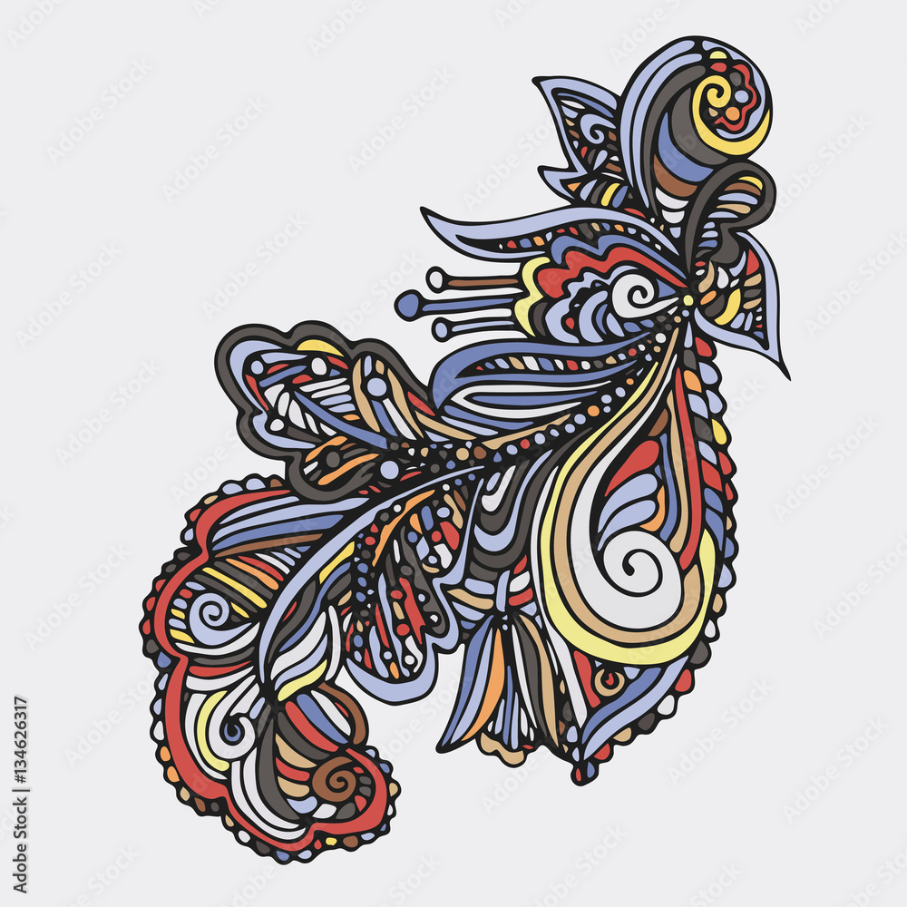 Hand drawn vintage ornament can be used as a greeting card. Colored swirly background with ethnic floral elements