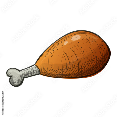 Colorful sketch style cartoon roasted chicken leg on white background. Vector.