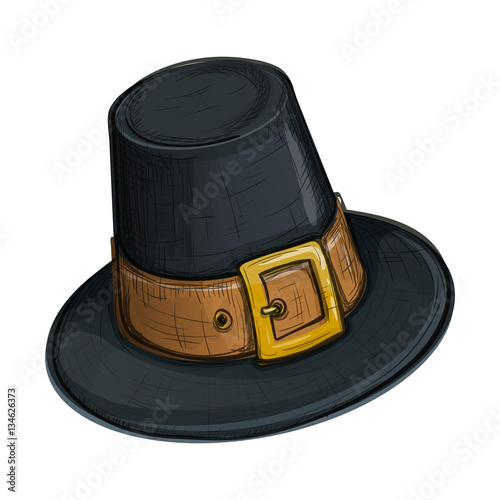 Colorful sketch style cartoon  illustration of pilgrim hat with buckle, Thanksgiving Day symbol. Vector.