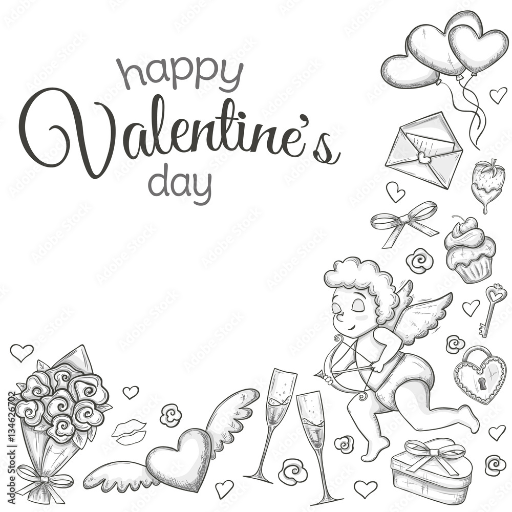 Corner frame with Valentine's Day icons. Monochrome sketch style illustration for Valentine's Day greeting card and decoration. Vector.