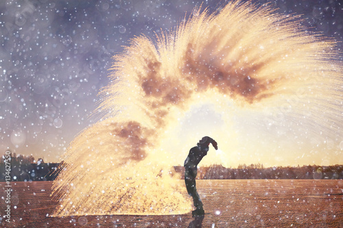 frost effect hot water freezes man pours boiling water