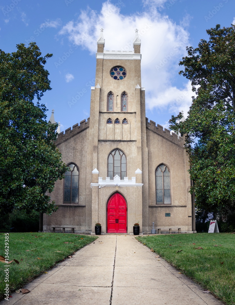 church with red doors