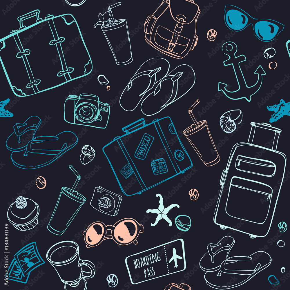 Seamless pattern with hand drawn journey items. Seamless pattern with hand drawn journey items.