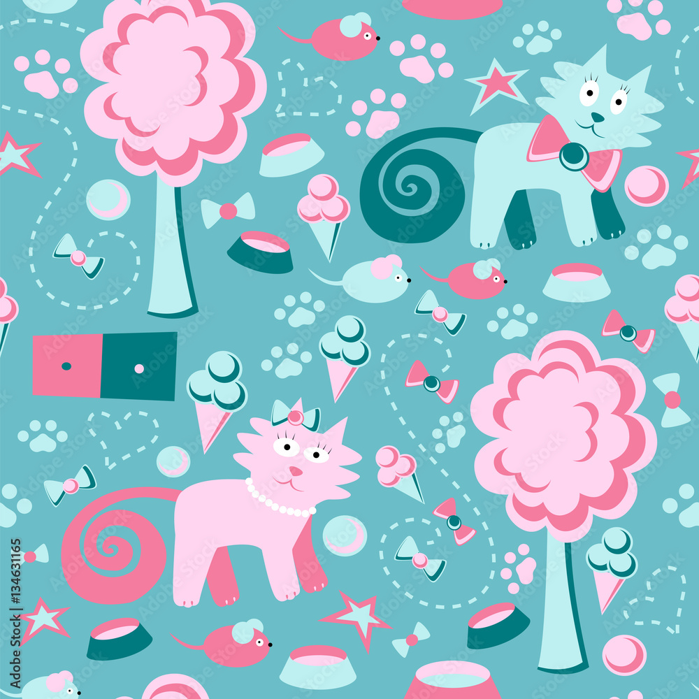 Vector seamless pattern. Funny Children's background. Multi-colored cats, trees, mouse, and ice cream. Vector seamless pattern. Funny Children's background. Multi-colored cats, trees, mouse, and ice cream.