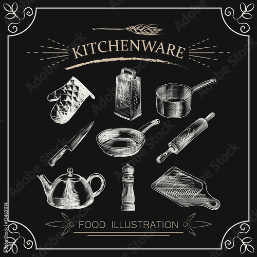 Hand drawn kitchenware set isolated on chalkboard. kitchenware sketch vector illustrator. Retro style
