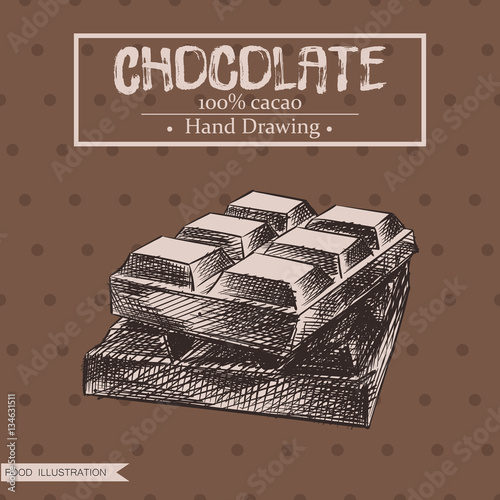Hand drawn bar of chocolate candies isolated on brown pattern background. Chocolate sketch elements. Retro style hand-drawn vector illustration