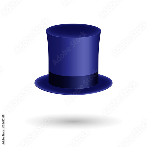 Blue gentleman hat cylinder with silk ribbon. Elegance and luxury symbol. Volumetric icon  shadow. Vector Illustration. EPS10