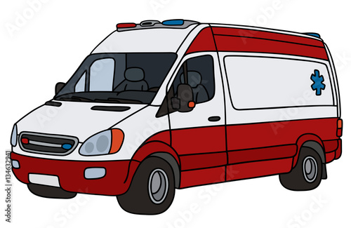 Hand drawing of a red and white ambulance - not a real type