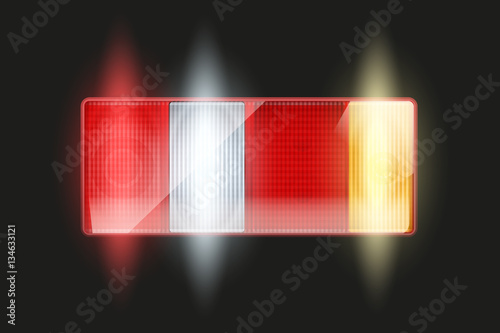 Rectangular car taillight. Rear and brake light. Light is on. Vintage Vector Illustration isolated on white background. photo