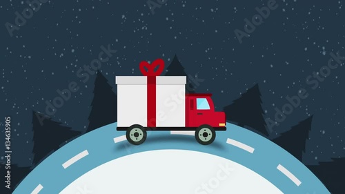 Wallpaper Mural Colorful animation of Christmas and New Year greeting card with gift delivery van goes on winter road in snow at night seamless loop with copyspace, Christmas Gift Delivery Concept. Torontodigital.ca
