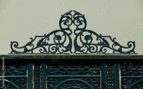 Details, structure and ornaments of wrought iron fence with gate