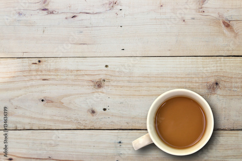 Coffee on blank wooden top view background