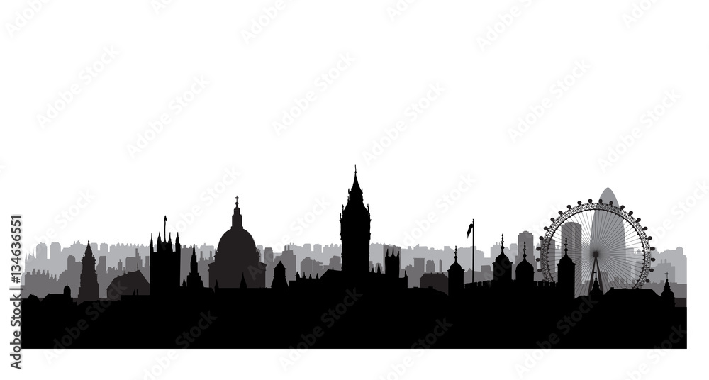 Obraz premium Sylwetka budynków miasta Londynu. Brytyjski krajobraz miejski. Londyński pejzaż miejski z punktami zwrotnymi. Podróż w tle panoramę Wielkiej Brytanii. Tapeta na wakacje w Europie.