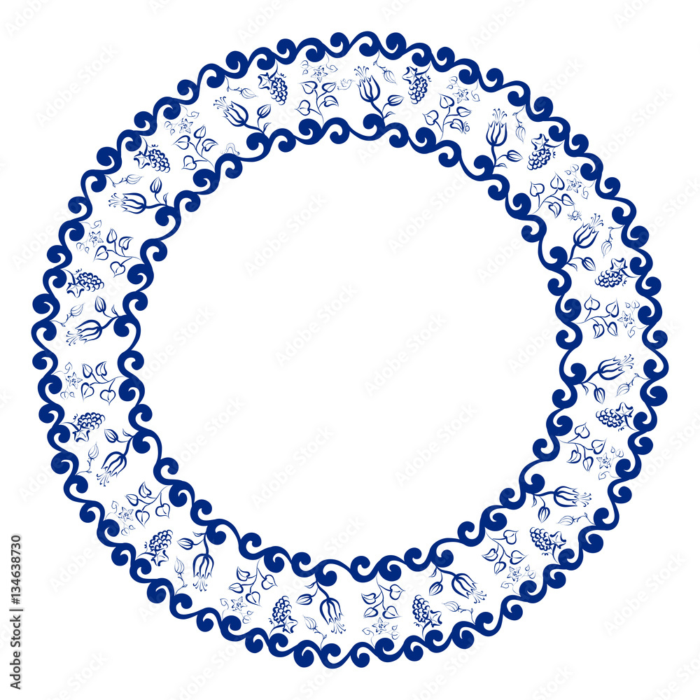 Blue abstract round frame with flowers, leaves and grapes Blue abstract round frame with flowers, leaves and grapes