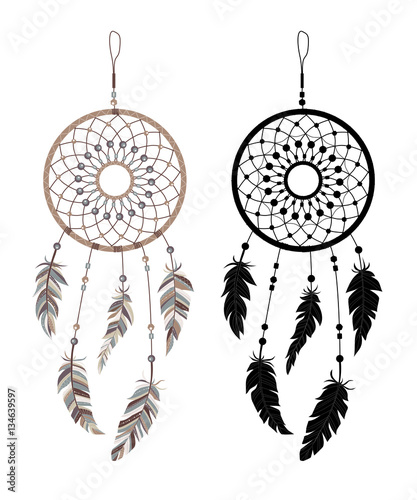 American Indians amulet. Dream catcher with feathers and beads on a white background. Boho style.