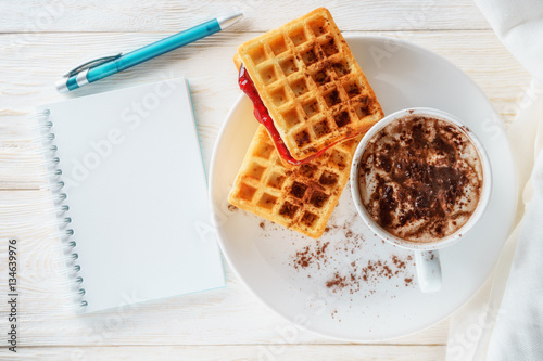 breakfast waffles and cocoa