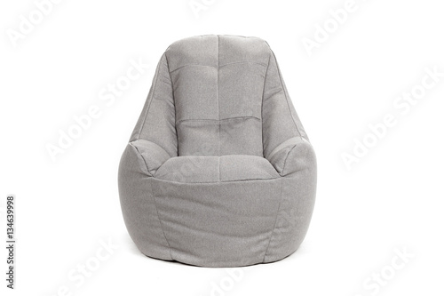 Front view of nice new and soft gray beanbag isolated on white background