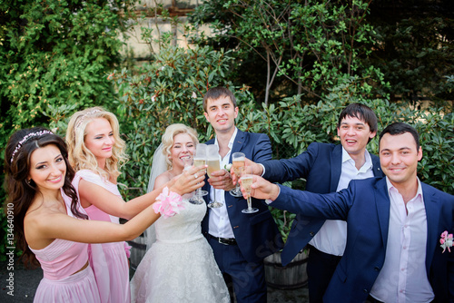 Newlyweds and their friends clang glasses with champagne standin