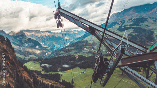 Hoist and sling elevator cable cars in vintage style.