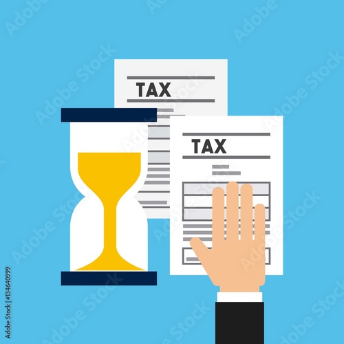 sandclock and hand with tax documents over blue background. colorful design. vector illustration