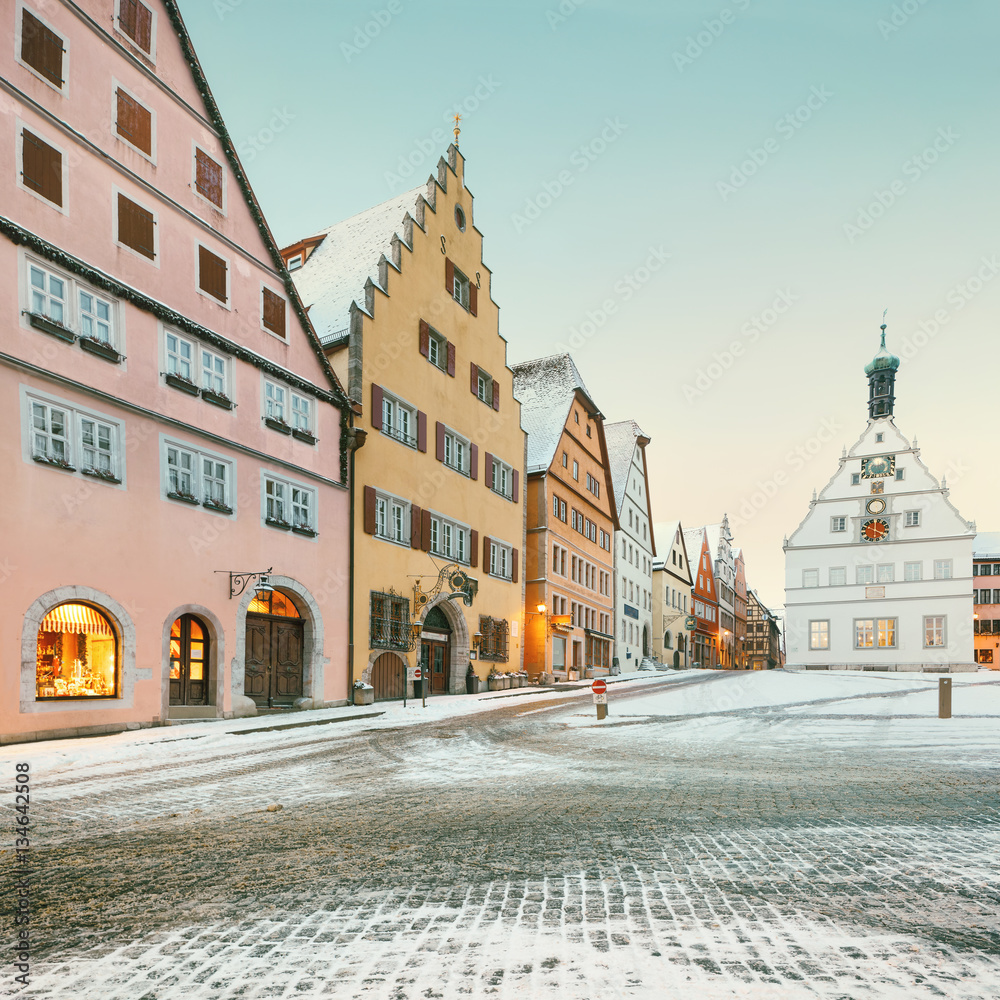Amazing winter on Market square of Rothenburg ob der Tauber, Middle Franconia, Bavaria, Germany