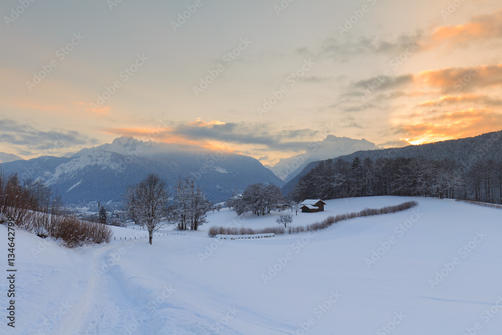 Sunset at winter landscape with Mountain Watzman in Bavaria Sunset at winter landscape with Mountain Watzman in Bavaria