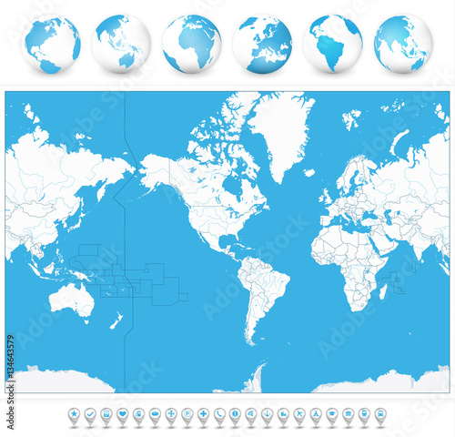 Fototapeta Naklejka Na Ścianę i Meble -  America Centered Blank World Map and 3D globes and navigation icons. Highly detailed vector illustration of World Map with America in center.