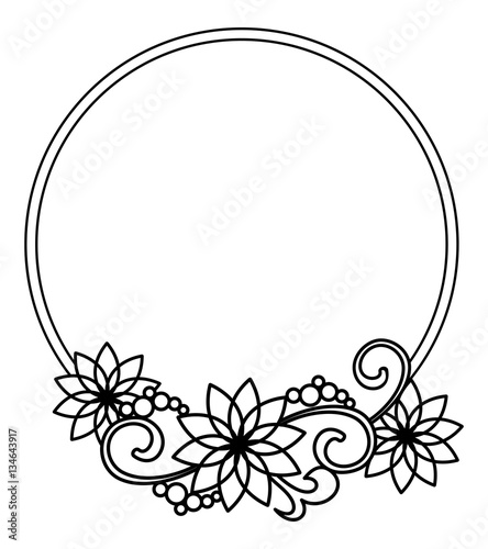 Elegant round frame with contours of flowers.  Vector clip art.
