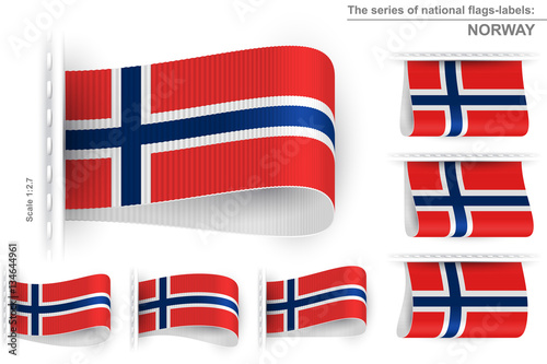 Flag of Norway is embroidered on the textile tag and sewn with a thread stitch; Set of vector realistic icons of flag of Kingdom of Norway from a fabric loop