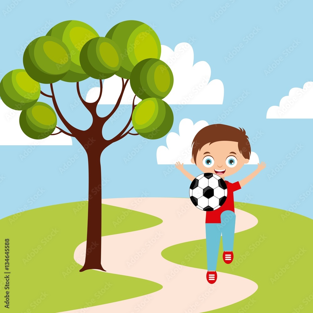 cartoon happy kid playing with soccer ball in the park. colorful design