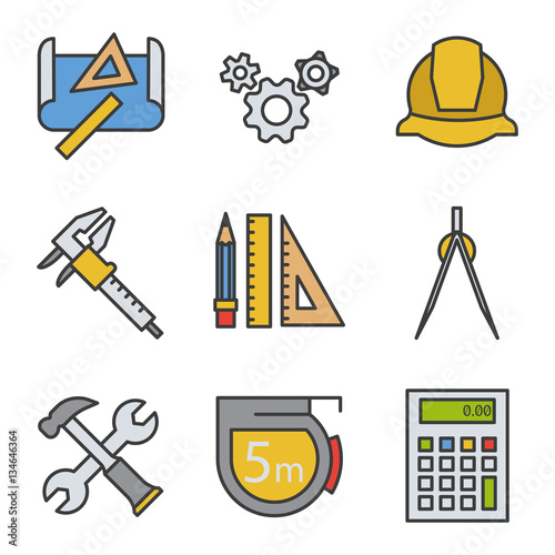 Engineering color icons set. Drawing, gears, helmet, caliper, divider, hammer and wrench, measuring tape, calculator, pencil with rulers. Logo concepts. Vector isolated illustration.