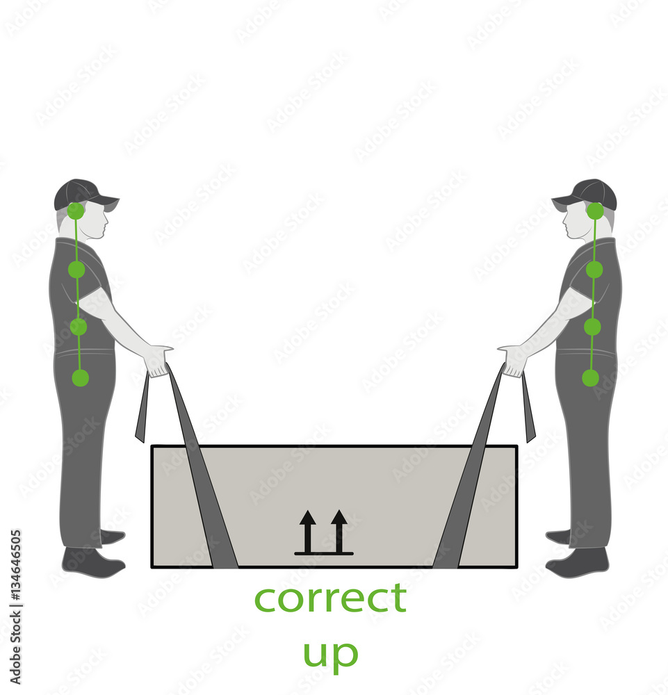 Correct posture to lift a heavy object safely. Health care vector illustration.