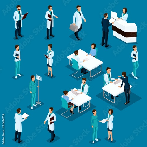 Set Isometric Doctors Hospital Staff Nurse 3D surgeons and patients. Health experts hospital isolated on a blue background. Vector illustration