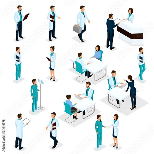 Set Isometric Doctors Hospital Staff Nurse 3D surgeons and patients. Health experts hospital isolated on white background. Vector illustration