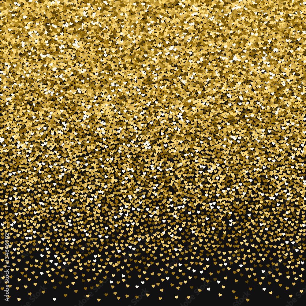 Golden glitter made of hearts. Top gradient on black valentine background. Vector illustration.
