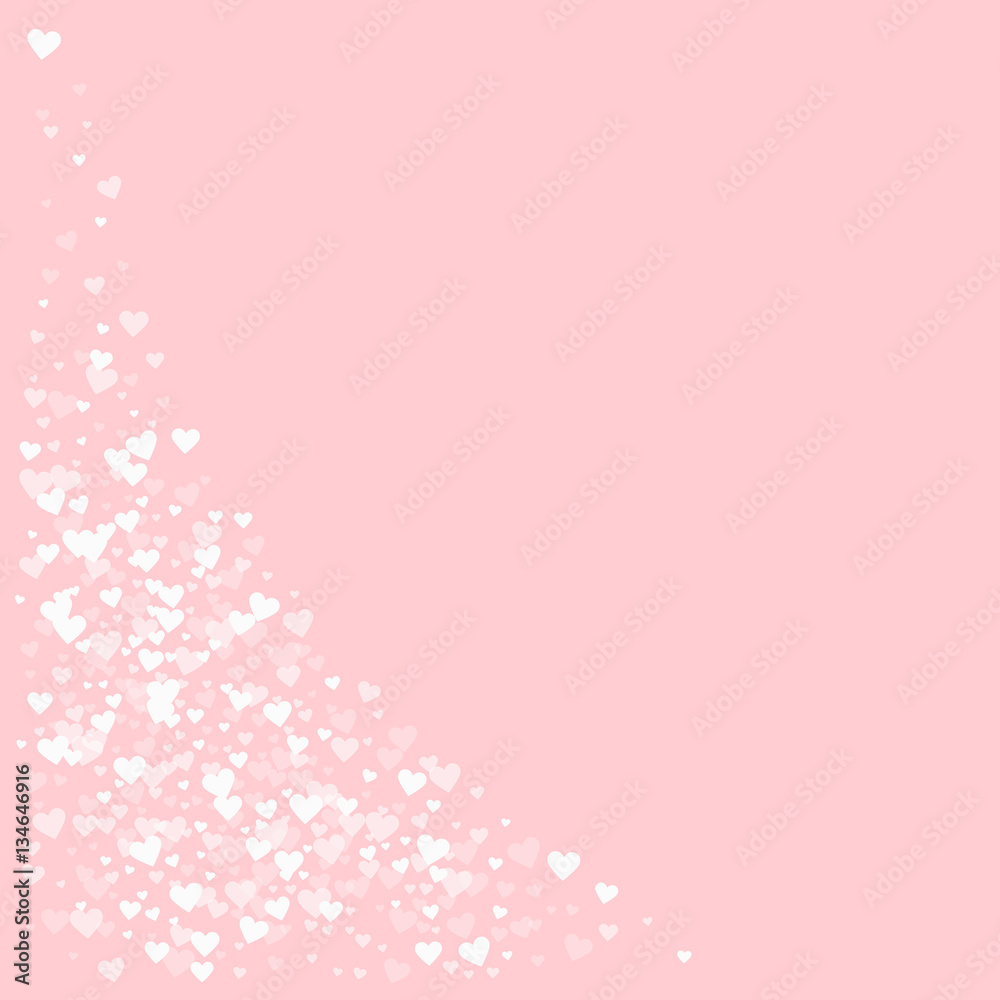White hearts confetti. Bottom left corner on pale_pink valentine background. Vector illustration. White hearts confetti. Bottom left corner on pale_pink valentine background. Vector illustration.