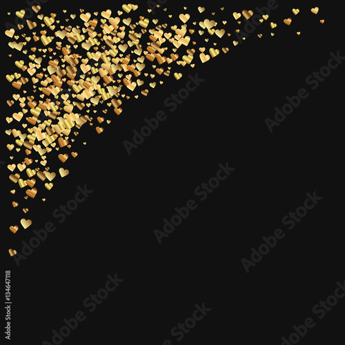 Gold gradient hearts confetti. Top left corner on black valentine background. Vector illustration.