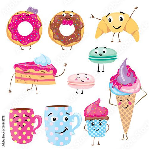 Set of cute desserts. Donuts, muffins, pasta, coffee, tea, cup, cake, ice creams and a croissant. Smiling sweets. Characters.